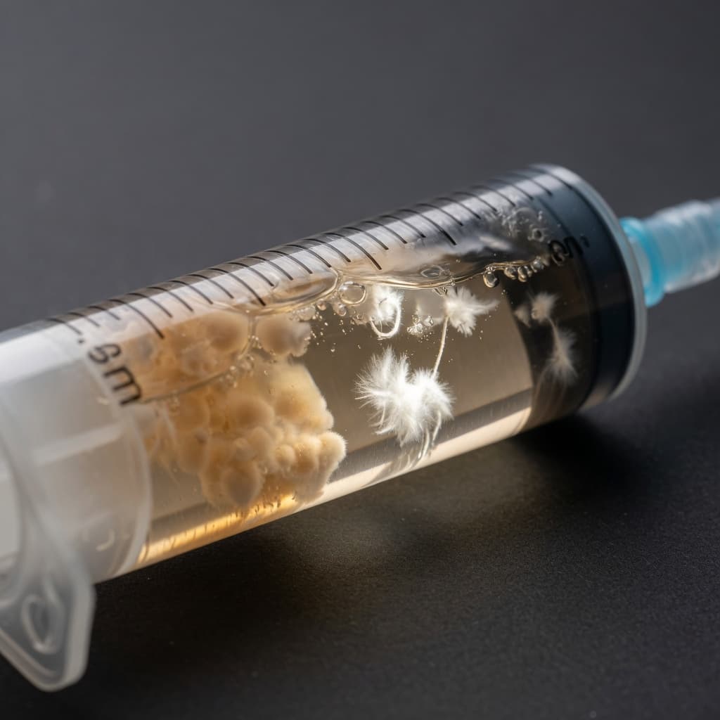 Albino Penis Envy — detal LC, mycelium w nośniku