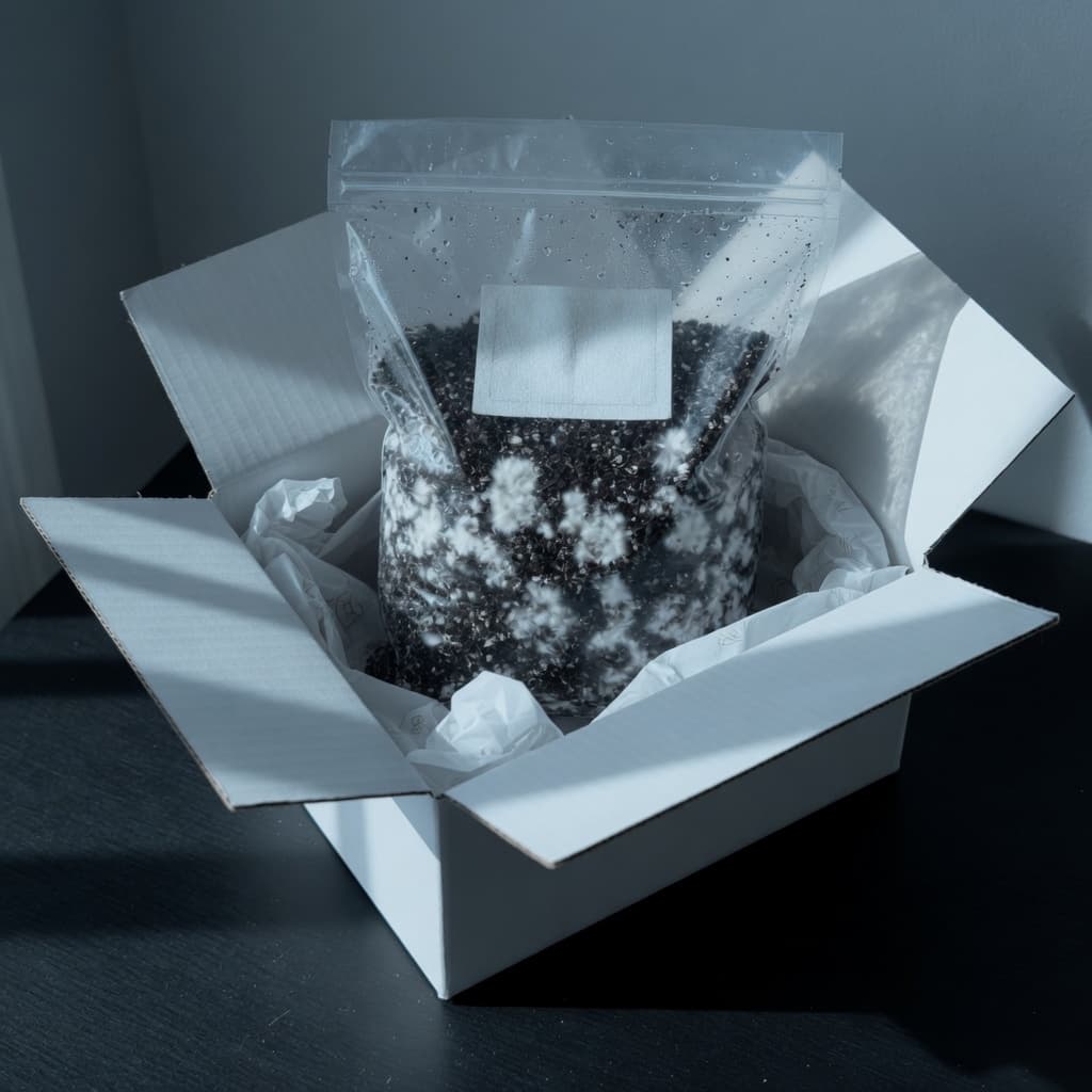 Psilocybe natalensis — otwarty kit, biały mailer i worek